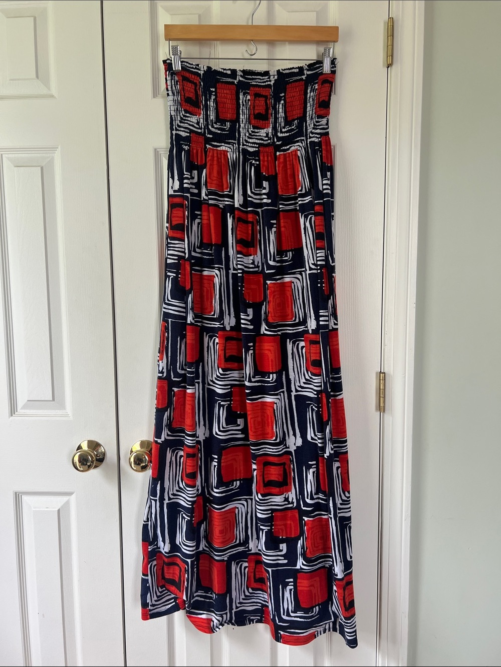 Derek Heart Strapless Maxi Dress in Navy, Orange & White Geometric Print